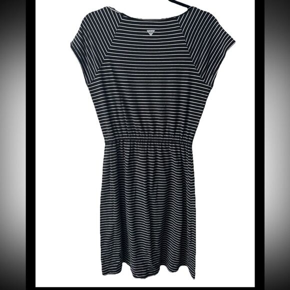 Columbia Cotton Jersey Stretch Black White Stripe Cap Sleeve Sheath Dress Small - Picture 2 of 7